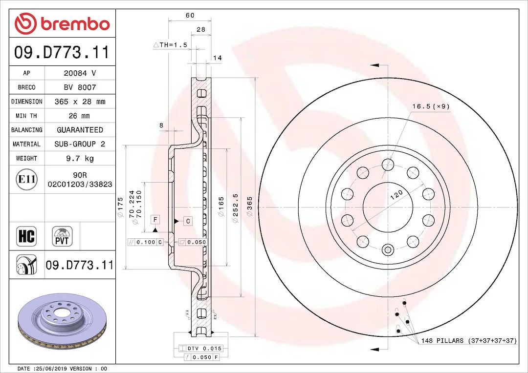 09D77311C02 – BREMBO Brake Rotor, Vented One Piece Design Wheel Bolt Pattern 9 x 120 Millimeter 365 Millimeter Diamet...